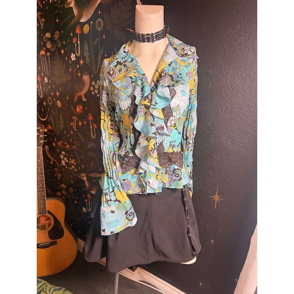 Metrostyle Floral Ruffle Blouse Turquoise Yellow Lace Trim Y2K Size 14